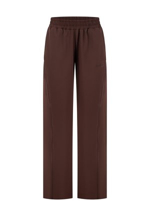 Pantalones marrones de corte holgado con cinturilla elástica y costuras laterales sutiles, aptos para uso casual.