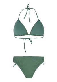 Zelený bikiny set s trojuholníkovým vrchom s rebrovanými okrajmi a nastaviteľnými šnúrkami, v kombinácii s textúrovaným spodkom.