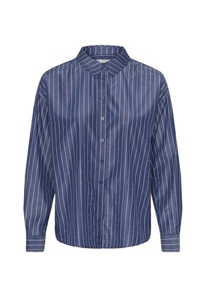 Camicia button-up blu navy con righe bianche verticali e piccoli punti bianchi. Presenta un colletto a punta e maniche lunghe con dettagli sui polsini.
