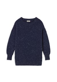 Pull en maille bleu marine avec un col rond, des manches longues et des poignets côtelés. Possède une texture mouchetée sur l'ensemble du tissu.
