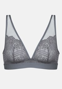 Gray lace bralette with a plunging neckline, sheer mesh panels, floral patterns, and a smooth band at the bottom.