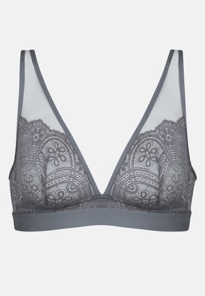 Gray lace bralette with a plunging neckline, sheer mesh panels, floral patterns, and a smooth band at the bottom.