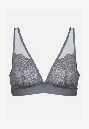 Bralette de encaje gris con escote en forma de V, paneles de malla transparente, patrones florales y una banda suave en la parte inferior.