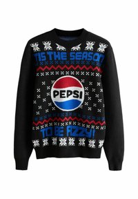Schwarzer Pullover mit Pepsi-Logo, Schneeflockenmuster und in Blau und Rot gestricktem Text "'TIS THE SEASON TO BE FIZZY!"