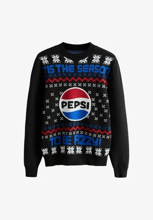 Svart tröja med Pepsi-logga, snöflinge-mönster och text i blått och röd som säger "'TIS THE SEASON TO BE FIZZY!" i stickad design.