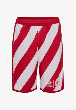 Rot-weiße diagonal gestreifte Sportshorts mit elastischem Bund, Hummel-Logo und Wappen des Dänischen Fußballverbands auf dem vorderen Bein.