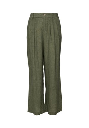 Lniane spodnie w oliwkowej zieleni z wysokim stanem, zapinane na guziki, z szlufkami na pasek, zakładkami i szerokimi nogawkami sięgającymi kostek.