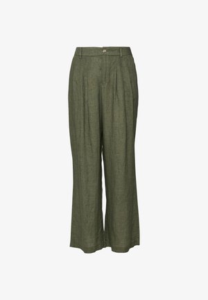 Olivegrüne Leinenhose mit hohem Bund, Knopfverschluss, Gürtelschlaufen, Falten und weiten Beinen bis zu den Knöcheln.