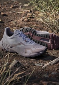 Coppia di scarpe da trail running Adidas Terrex grigio chiaro su terreno roccioso e terroso, con tomaia in mesh e suola robusta con battistrada.