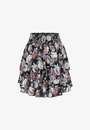 Jupe noire à volants avec un motif floral dans des nuances de blanc, rose et gris, dotée d'une taille élastique.