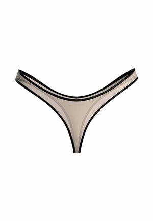 Tanga beige transparent avec bordure noire présenté sur un fond blanc.