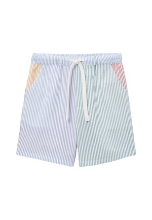 Short pour enfants à rayures verticales en bleu, vert et rouge, avec une taille élastique et un cordon blanc.