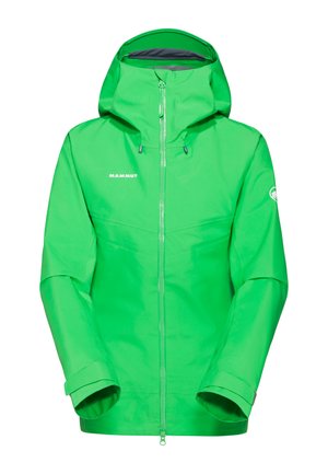 Lysegrøn vandtæt jakke med hætte, lynlås foran, justerbare manchetter og Mammut-logo på brystet og ærmet.