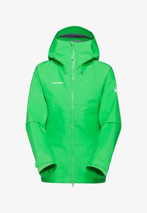 Lysegrøn vandtæt jakke med hætte, lynlås foran, justerbare manchetter og Mammut-logo på brystet og ærmet.