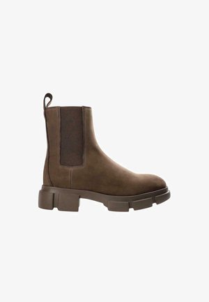 Brown leather Chelsea boots with elastic side panels, a chunky platform sole, and a smooth finish. Loop tab at the back for easy wear.