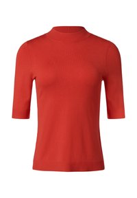 Top de punto rojo de manga corta con cuello alto, que presenta una textura suave y puños y bajo acanalados. Diseño sencillo sin patrones.