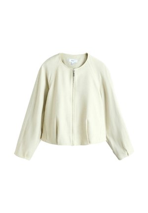Chaqueta de manga larga color crema con escote redondo y cierre frontal de cremallera, mostrada sobre un fondo blanco.