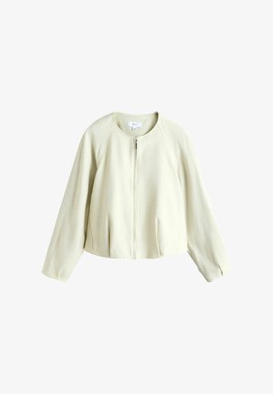 Chaqueta de manga larga color crema con escote redondo y cierre frontal de cremallera, mostrada sobre un fondo blanco.