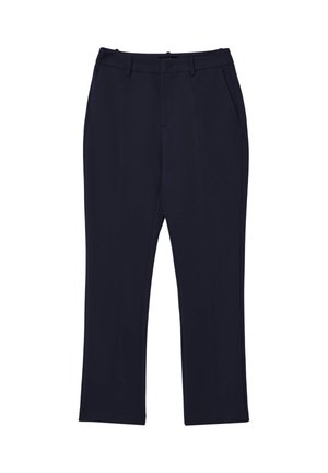 Pantaloni tailored blu navy realizzati in tessuto liscio con un design a gamba dritta, dotati di tasche anteriori e chiusura con zip.