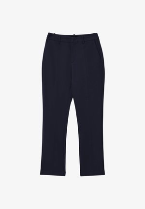 Pantaloni tailored blu navy realizzati in tessuto liscio con un design a gamba dritta, dotati di tasche anteriori e chiusura con zip.