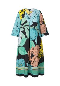 Kleid mit floralem Muster, das große blaue, pinke und gelbe Blumen auf schwarzem Hintergrund zeigt, mit V-Ausschnitt und weiten Ärmeln. Glattes Material.