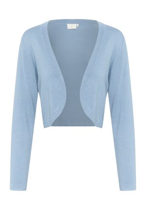 Hellblaues, kurzgeschnittenes Strickjäckchen mit langen Ärmeln, offener Vorderseite und glatter Textur. Verfügt über einen abgerundeten Halsausschnitt und keine Verschlüsse.