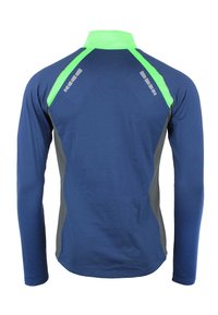 T-shirt de sport à manches longues bleu marine avec un col vert, comportant des panneaux latéraux gris et des accents réfléchissants au dos pour la visibilité.