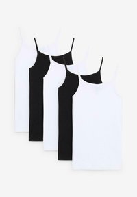 Cinq débardeurs disposés en ordre : deux blancs, trois noirs. Fabriqués en tissu lisse avec des bretelles fines et un design simple.
