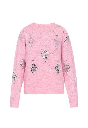 Rózsaszín pulóver puha anyagból, gyémántmintával. Ezüstszínű flitterek díszítik a vállakat és a mellet. Kerek nyakkivágású tervezés.