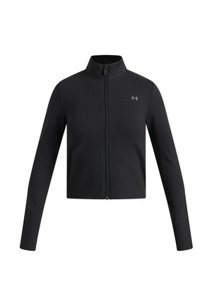 Black zip-up jacket with long sleeves and a high collar, featuring a small gray Under Armour logo on the chest.