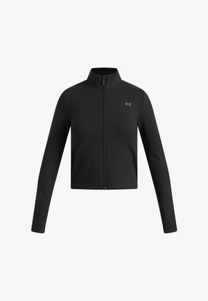 Zwarte jas met ritssluiting, lange mouwen en een hoge kraag, met een klein grijs Under Armour-logo op de borst.