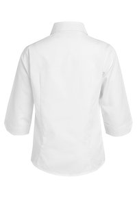 Camicia bianca a maniche lunghe con colletto e polsini arrotolati, caratterizzata da una texture liscia e una cucitura posteriore. Senza motivi o dettagli visibili.