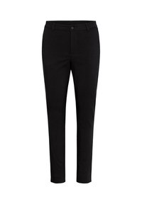 Mustad püksid, millel on sile kangastekstsuurus, kitsas lõige, eesnuppude sulgemine ja diskreetsed küljetaskud.