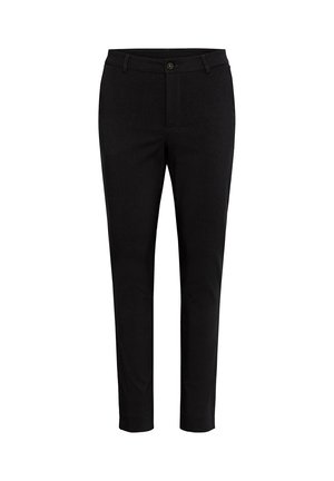 Čierne nohavice s hladkou tkaninou, slim fit dizajnom, predným uzáverom na gombík a jemnými bočnými vreckami.