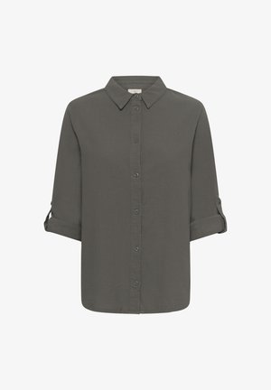 Tummanharmaa nappikauluspaita, jossa on kaulus ja käärityt hihat. Valmistettu kevyestä kankaasta, jossa on hienovarainen tekstuuri ja etunapit.