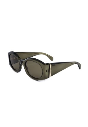 Occhiali da sole ovali verde scuro con montatura spessa e ampie aste con dettaglio del logo Ferragamo in argento ai lati.