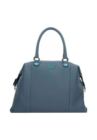 Bolso de cuero en azul pizarra con un diseño estructurado. Cuenta con asas redondeadas y detalles en turquesa. Logo visible en la parte frontal.