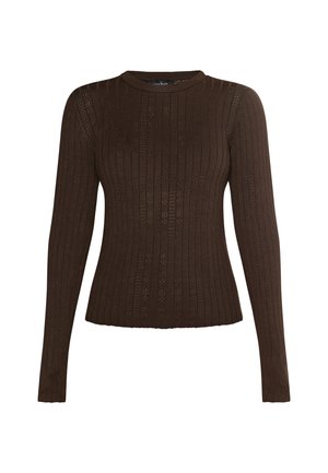 Bruine, lange mouwen, geribbelde trui van breisel met een ronde halslijn en opengewerkte details door de stof, die een aansluitende silhouet biedt.