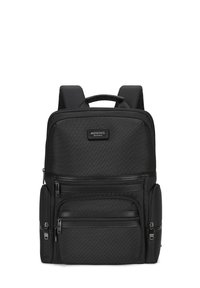 Sac à dos noir en tissu texturé, doté de plusieurs compartiments zippés, de bretelles rembourrées et d'une poignée supérieure pour un transport facile.