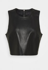 Svart lädercrop-top med rund halsringning, ärmlös design och dragkedja i ryggen. Har en jämn yta och figursydd silhuett.