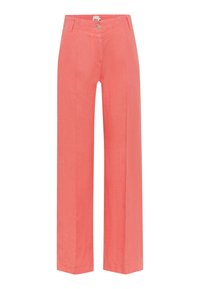 Wide-leg coral trousers made of lightweight fabric, featuring a button closure and subtle texture with front pockets.