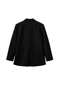 Sacou negru, tăiat pe măsură, cu mâneci lungi, detalii cu nasturi pe manșete și guler cu colț, prezentat din spate pe un fundal alb.