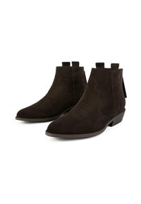 Un paio di stivaletti alla caviglia in suede marrone scuro con tacco basso, cuciture decorative, inserti laterali e punta leggermente appuntita su uno sfondo bianco.