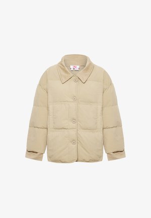 Jachetă puffer bej cu închidere cu nasturi, guler larg și manșete elastice. Are secțiuni matlasate și un material moale, texturat.