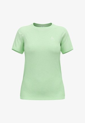 Light green short-sleeved t-shirt made of textured fabric with a subtle pattern. Features a crew neck and accent logo on the upper left.