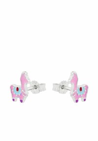 Pendientes en forma de llama rosa con herrajes de plata, que presentan acentos coloridos como detalles azules y morados, y un acabado brillante.