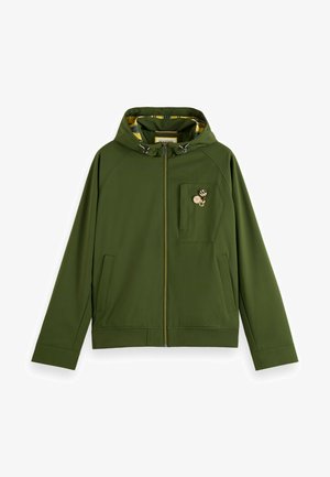 Grüne Kapuzenjacke mit durchgehendem Reißverschluss, zwei seitlichen Taschen, einer Brusttasche und einem gelb gemusterten Innenfutter. Mit metallischen Hardware-Akzenten.