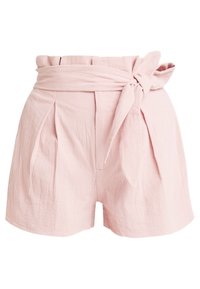 Shorts taille haute rose clair en tissu texturé, avec un nœud devant, des plis et une coupe décontractée.
