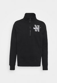 Black sweatshirt with a high collar, zippered front, and a front pocket. Features a gray embroidered logo on the chest. Cotton material.