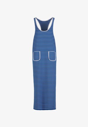 Blue and white horizontal striped sleeveless dress with racerback and two front patch pockets outlined in white trim.
